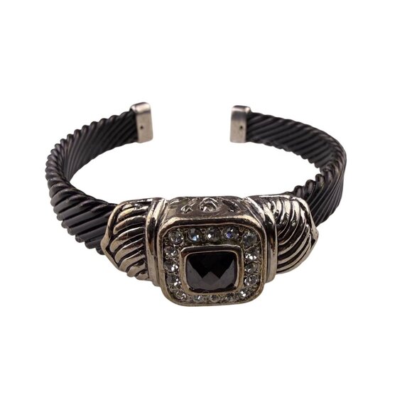 Asymmetrical Silver Tone/Black Metal Crystal-Embellished Open Cuff Bracelet